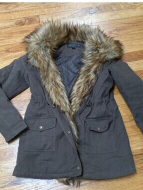 Fabulous Furs Army Green Utility Jacket with Faux Fur Trim S